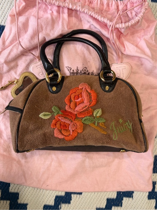 Juicy Couture Handbags - Vintage Juicy Couture Terry Cloth Roses Brown Hand Bag with Pink Dust Bag Y2K